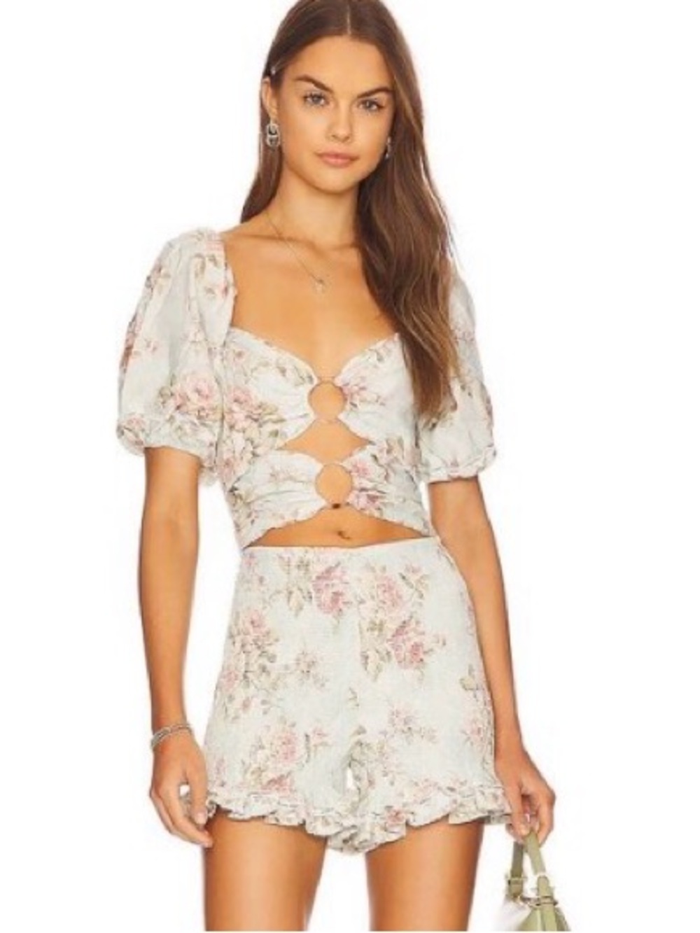 V. Chapman Floral Tie-Front Puff Sleeve Women's Romper Minty Green 💚🌸